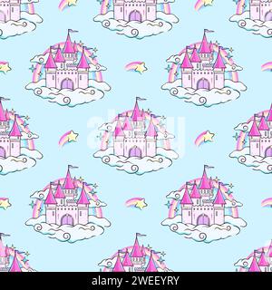Fairy tale castle in clouds with rainbow behind, seamless pattern, background. Stock Vector