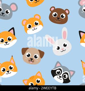 Heads of cute animals, seamless pattern, flat style illustrations background Stock Vector