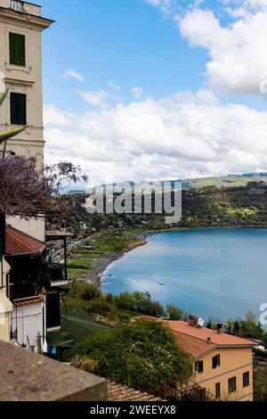 Photograph taken in Castel Gandolfo, Italy, from an elevated perspective, capturing a view of the lake and mountains Stock Photo