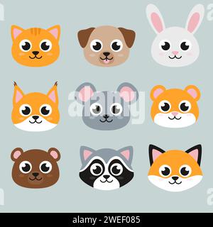 Heads of cute animals, set of flat style illustrations Stock Vector