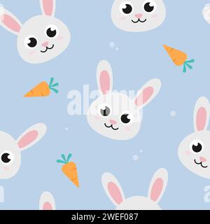 Hare, rabbit head and carrot seamless pattern. Cute children illustrations background. Stock Vector