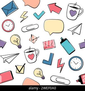 Stationery doodles, drawings, hand drawn icons seamless pattern. Office work and study background. Stock Vector