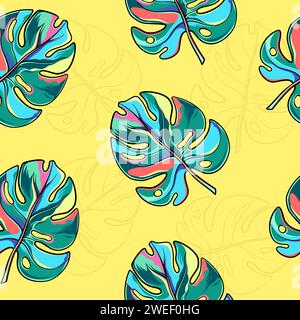 Monstera, palm leaf seamless pattern, background Stock Vector