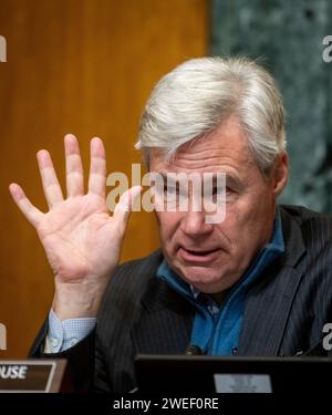 United States Senator Sheldon Whitehouse (Democrat of Rhode Island), Chair, US Senate Committee on the Budget presides over a Senate Committee on the Budget hearing to examine how the climate crisis threatens ocean industries, in the Dirksen Senate Office Building in Washington, DC, Wednesday, January 24, 2024. Credit: Rod Lamkey / CNP /MediaPunch Stock Photo