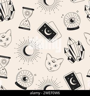 Witchcraft, magic, esoteric, divination, fortune telling objects seamless pattern, background Stock Vector
