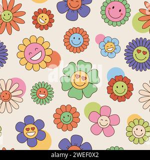 Hippie flowers seamless pattern, background. Cute vintage style, retro flowers with faces, emojis, smiles Stock Vector