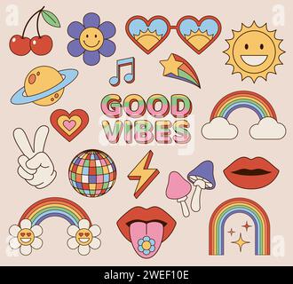 Set of vintage, retro, hippie style icons, elements and objects. Vector illustrations. Stock Vector