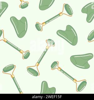 Jade face roller and gua sha tool seamless pattern, background. Massage, face routine, morning care illustration Stock Vector