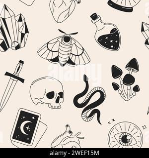 Witchcraft, magic, esoteric, divination, fortune telling objects seamless pattern, background Stock Vector
