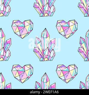 Crystals, diamonds, and crystal heart seamless pattern, background Stock Vector