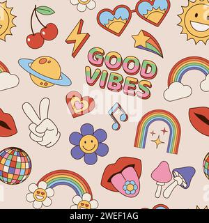 Hippie seamless pattern, background. Set of vintage, retro, hippie style icons, elements and objects. Vector illustrations. Stock Vector