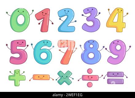 Cartoon figures, numbers and math symbols. Cute children illustratons, set of vector characters Stock Vector