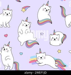 Cat unicorns seamless pattern, background. Fantasy cute rainbow illustrations Stock Vector