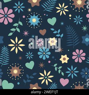 Flowers, branches, leaves and hearts seamless pattern, vector background, simple cute illustration in flat style Stock Vector