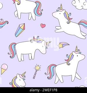 Unicorns seamless pattern. background, cartoon style illustrations, fantasy horses, cute rainbow illustrations Stock Vector