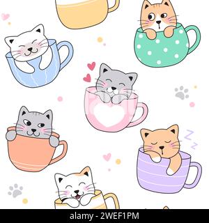 Cute cats, kittens in tea, coffee cups, mugs. Seamless pattern, background. Sleeping, hiding, happy, love pets. Simple cartoon vector drawings. Stock Vector