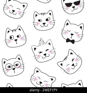 Funny cat faces seamless pattern, background. Animal character pet faces. Doodle illustrations, cartoon, comic style drawings Stock Vector
