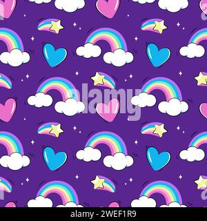 Rainbows, stars and hearts seamless pattern, background Stock Vector