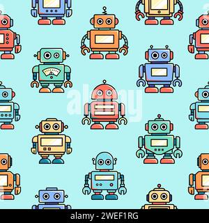 Vintage, old style cartoon robots seamless pattern, background Stock Vector