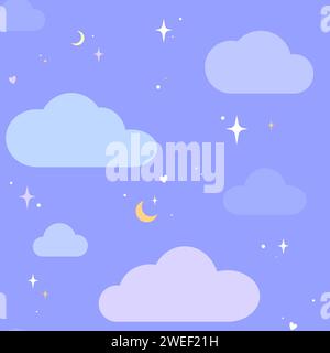 Sky with clouds, moon, twinkle stars and hearts seamless pattern. Cute dreamy background, vector children, kids illustration. Stock Vector