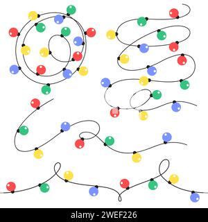 Garland with lights, color bulbs, shiny lamps, set of simple vector illustrations, drawings. Christmas, new year, holiday, party flat illustration. Stock Vector
