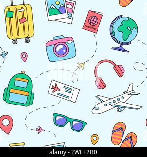 Travel and vacation objects, icons and accessories seamless pattern. Holiday cartoon illustrations background. Vector drawing Stock Vector
