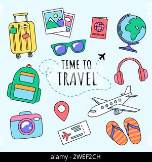 Travel and vacation objects, icons and accessories. Set of cartoon, comic holiday illustrations, vector drawings. Stock Vector