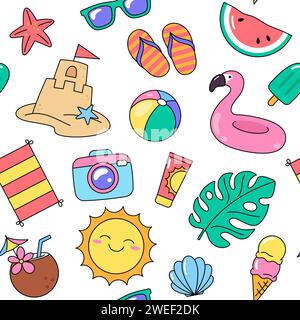 Summer, vacation, holiday, beach accessories and objects seamless pattern. Cartoon drawings and illustrations. Vector background Stock Vector