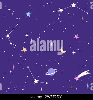 Stars and constellations seamless pattern. Simple space background. Night sky, cosmic illustration, vector drawing. Stock Vector