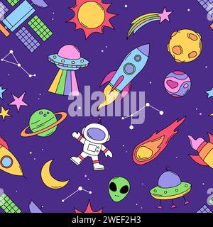 Space, cosmic planets, rockets, ufo seamless pattern, background. Cartoon, comic style vector drawings Stock Vector