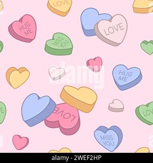 Heart shaped pills seamless pattern, love vitamins background. Medicine with love, miss you, hug me text on it. Cute valentine illustration. Stock Vector