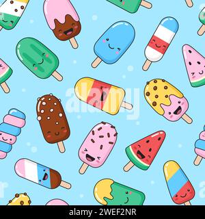 Simple smiling ice cream, eskimo, popsicle seamless pattern. Summer, dessert with face, cute vector cartoon background Stock Vector