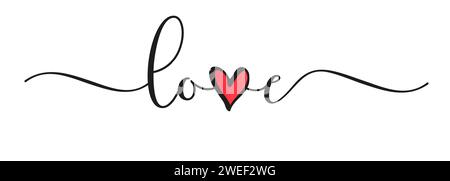 Love, black color brush calligraphy for Valentines Day. Text LOVE and heart-shaped for Mother's Day, Women's Day or wedding greeting cards. Vector Stock Vector