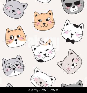 Funny cat faces seamless pattern, background. Animal character pet faces. Doodle illustrations, cartoon, comic style drawings Stock Vector