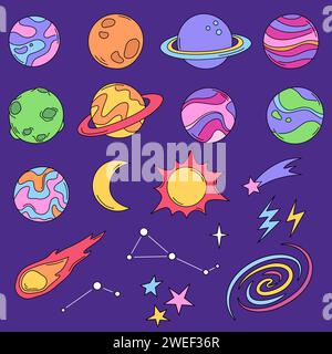 Planets, stars and space objects, cosmic vector illustrations. Set of cartoon drawings, doodles. Stock Vector