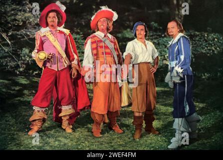 Gig Young, Robert Coote, Gene Kelly, and Van Heflin star in 'The Three Musketeers' (1948), a spirited adaptation of Alexandre Dumas' classic novel. Gene Kelly plays the charismatic and adventurous D'Artagnan, who joins forces with the Musketeers, portrayed by Van Heflin (Athos), Gig Young (Porthos), and Robert Coote (Aramis). Stock Photo