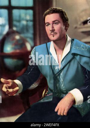 Errol Flynn stars in 'Adventures of Don Juan' (1948), a swashbuckling adventure film that showcases Flynn's charisma and athleticism. In this movie, Flynn plays the legendary lover and swordsman Don Juan, embarking on daring escapades and romantic conquests in the Spanish court. Stock Photo