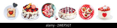 Set of isolated homemade desserts and cakes with fresh berries. Toast, pavlova, chocolate ice cream, cupcakes and cakes on colorful plates Stock Photo