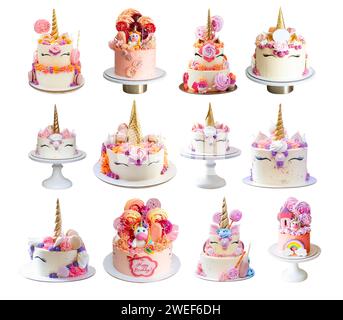Set of beautiful birthday unicorn cakes with golden horns, eyelashes and cream cheese frosting isolated on white background, png Stock Photo