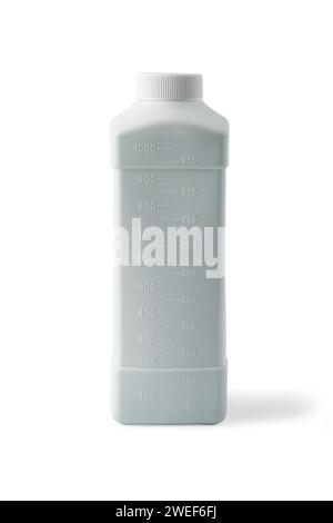 White plastic bottle with measuring scale isolated on white background Stock Photo