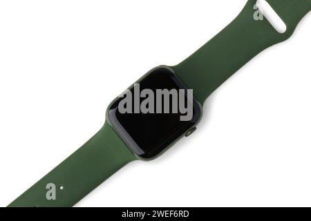 Wrist electronic watch with green silicone bracelet isolated on white background Stock Photo
