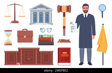 Symbols of justice. Judge in black robe, law book, judicial gavel, weights of justice, courthouse, briefcase. Vector illustration Stock Vector