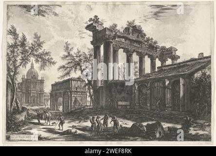 Tempel Van Saturnus Te Rome, Giovanni Battista Piranesi, 1748 - 1778 print View of the remains of the temple of Saturn on the Romanum forum in Rome. In the background the arch of Septimius Severus and the Santi Luca e Martina. Title and explanatory numbers in flat left. Rome paper etching church (exterior). Roman Catholic Church. temple, shrine  Roman religion. triumphal arch. landscape with ruins Santi Luca e Martina. Roman forum. Boog van Constantine. Tempel van Saturn. Rome Stock Photo