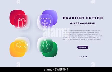 Christianity set line icon. Sermon, heart, cross, angel, halo, bible, flock, tombstone. Glassmorphism style. Vector icon Stock Vector