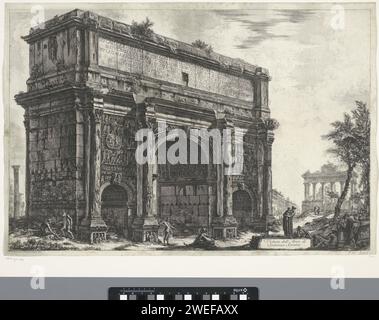 Boog van septimius severus te Rome, Giovanni Battista Piranesi, 1748 - 1778 print View of the arch of Septimius Severus on the Romanum forum in Rome. Title on block at the bottom right. Rome paper etching ruin of a building  architecture. triumphal arch Rome. Roman forum. Boog van Constantine Stock Photo