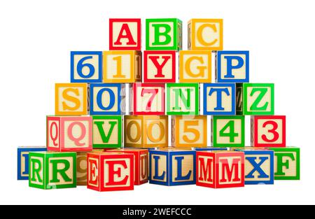 ABC and 123 Wooden Blocks- Alphabet Letters and Numbers Learning Block Set. 3D rendering isolated on white background Stock Photo