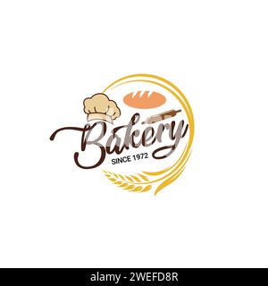 Logo Bakery With Wheat, Rolling pan, bread and Chef cap. Stock Vector