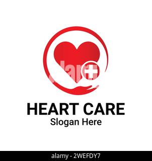 Heart Health Care Logo Design Concept With Heart In Hand Shape Vector Template. Stock Vector