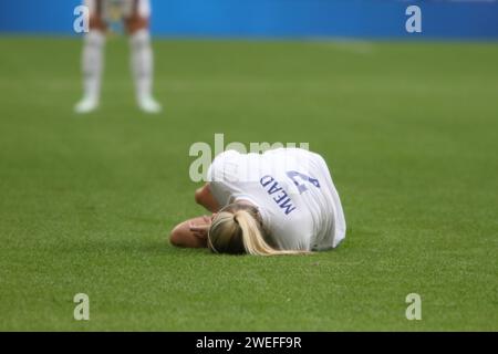 Beth Mead lies injured on pitch during UEFA Women's Euro Final 2022 England v Germany at Wembley Stadium, London 31 July 2022 Stock Photo