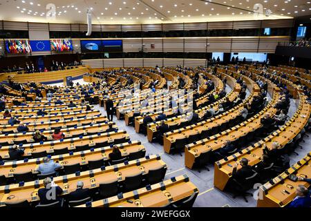 Brussels, Belgium. 25th Jan, 2024. View of the chamber during a plenary session ahead of Holocaust Remembrance Day at the European Parliament in Brussels, Belgium on January 25, 2023. Credit: ALEXANDROS MICHAILIDIS/Alamy Live News Stock Photo